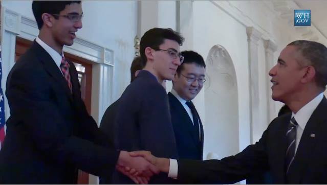 Meeting with President Obama as an Intel Science Talent Search Finalist in 2015. My research involved applying an old problem in number theory and elliptic curves to better encryption methods. There were applications of my research in cybersecurity. 